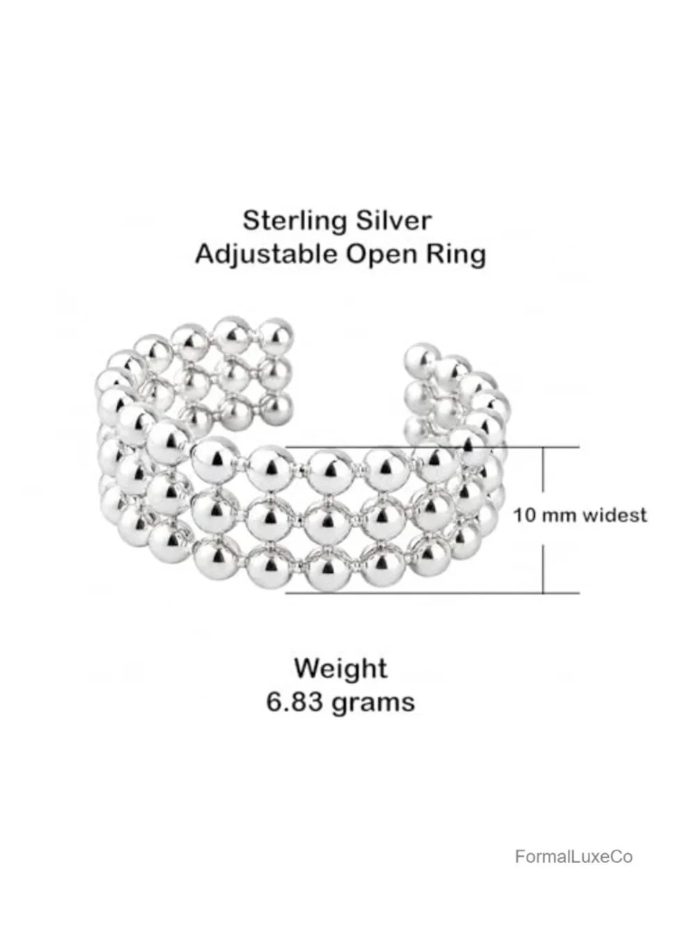 Sterling Silver Open Ring Triple Row Beaded Cluster Modern Adjustable